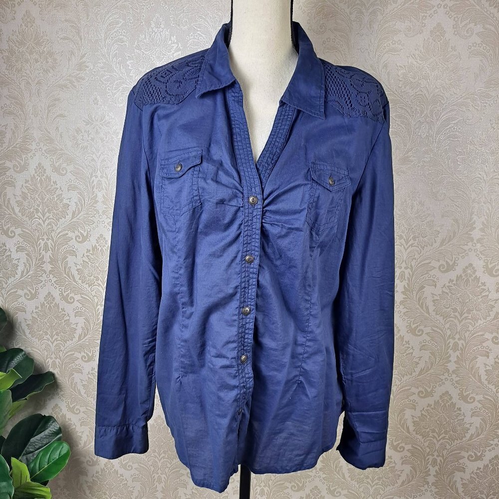 Cato Size XL Navy Blue Button Down Shirt Lace Detail Ruching at Chest